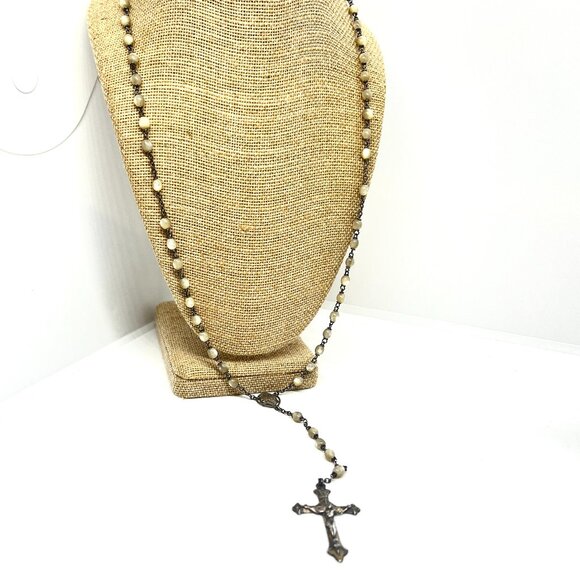 VINTAGE 925 STERLING SILVER ROSARY CATHOLIC CROSS NECKLACE BEADS 30” SIGNED - Picture 1 of 16
